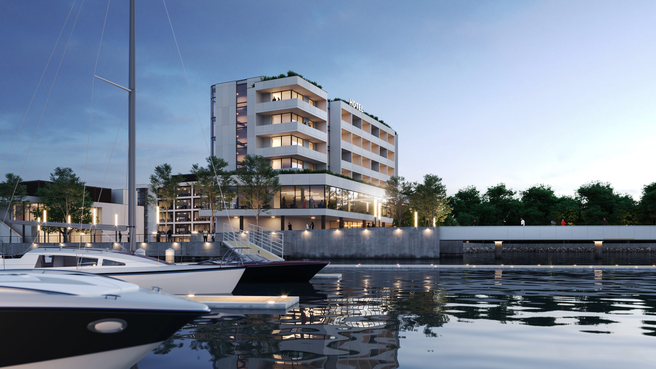 Mockup CGI of what the Trinity Wharf development is expected to look like. This image features an modern, multi-storey hotel building in the centre background. It is overlooking the proposed marina. To the left of the image in the foreground are a number of boats at a marina