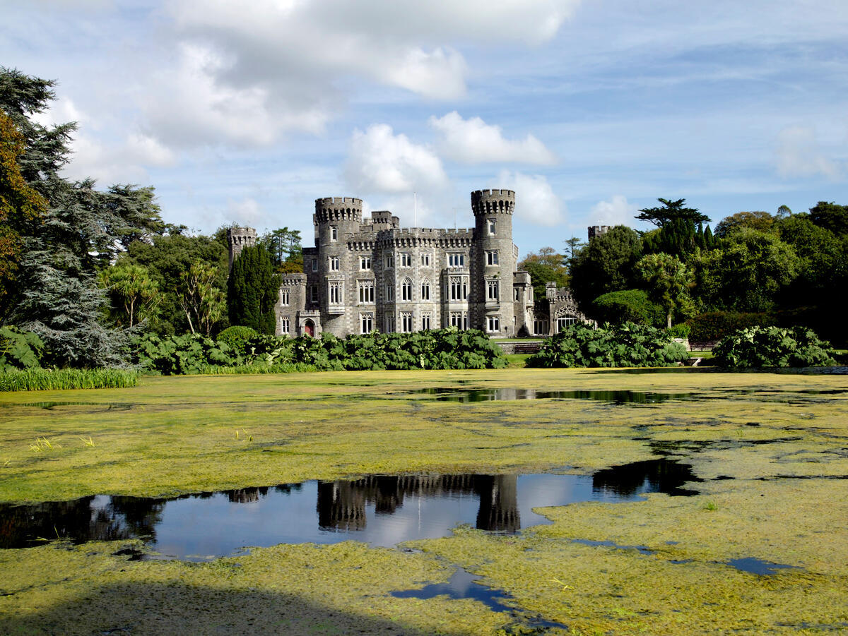 Johnstown Castle front facade overlooks a large lake