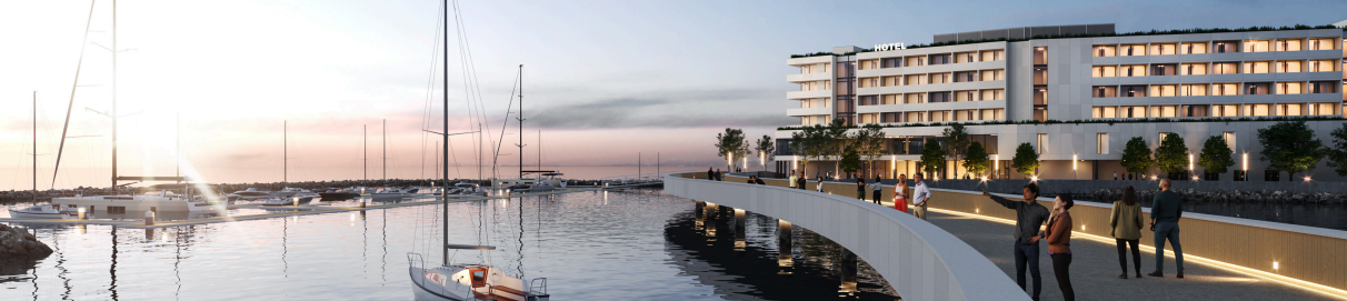 A CGI mockup of the Trinity Wharf development with a marine area to the left, a walkway to the right and hotel in the background