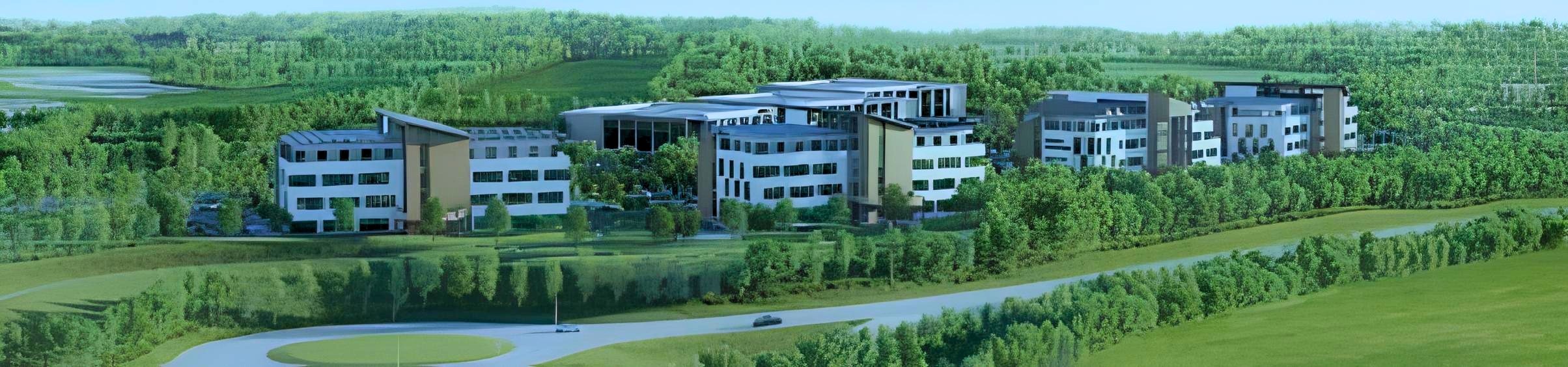 A CGI model of a modern technology park with multiple high rise office buildings in Enniscorthy Technology Park, all situated in the centre of the photo