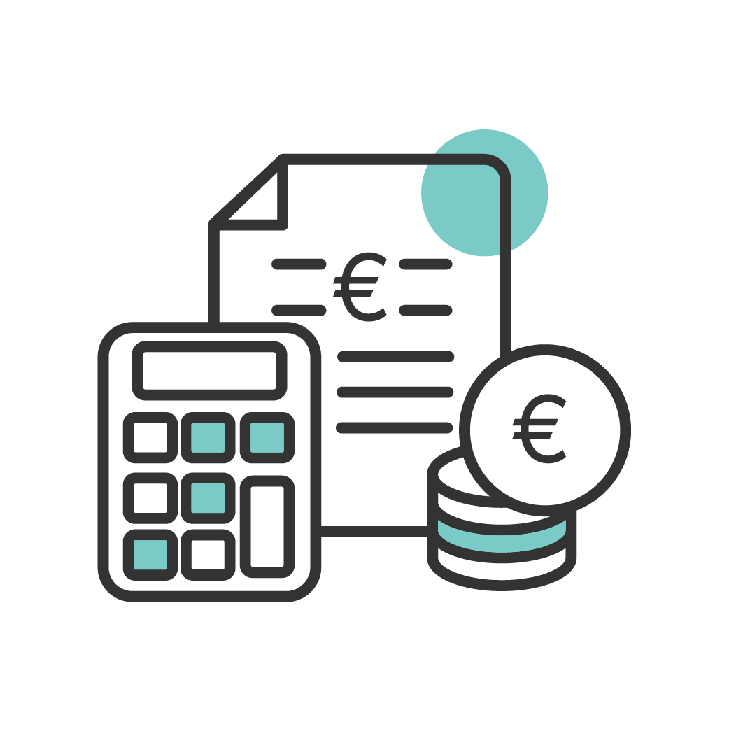Light blue icon that showcases financial services. In the centre is a page, to the left is a calculator and to the right is a stack of coins with a euro on them.