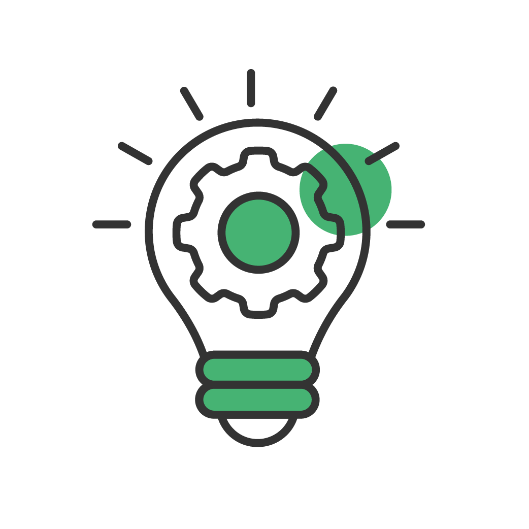 Green icon of a lightbulb with a mechanical gear in the centre to showcase innovation