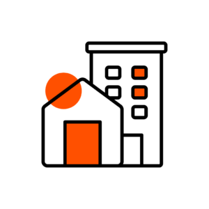 Icon of a cluster of buildings to signify property solutions. They are coloured red