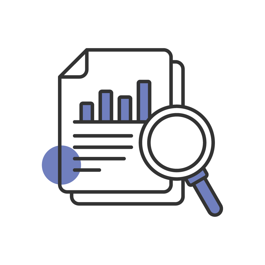 A purple icon that showcases research with a document with a bar chart and magnifying glass