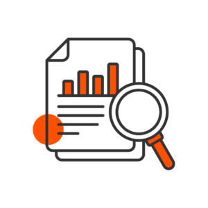A red icon representing research and development with a document with a bar chart and magnifying glass in the front