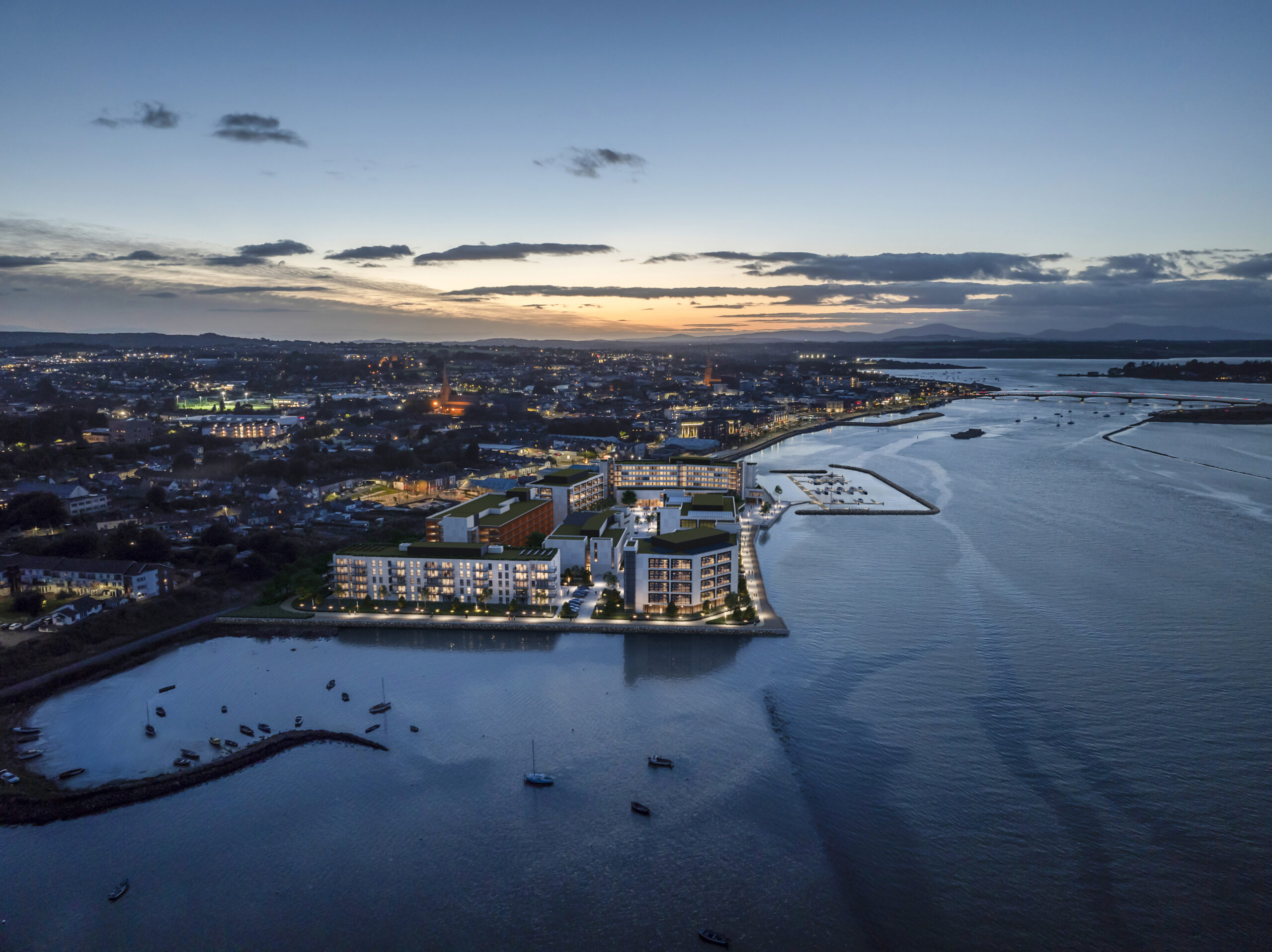 CGI model of the overall Trinity Wharf development perched at the banks of the River Slaney in Wexford Town.