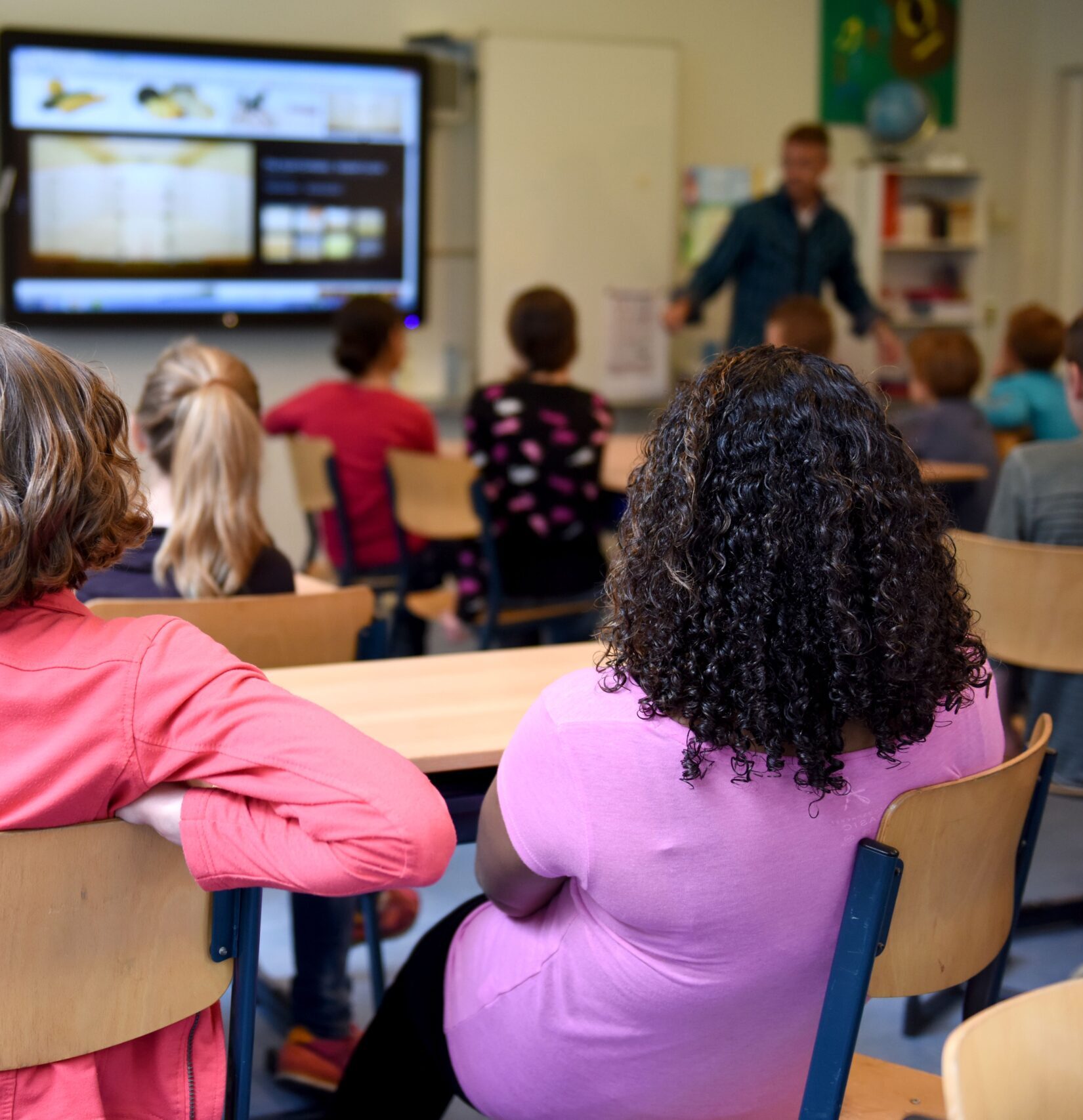 In the foreground are two children with their backs to the camera, they are sitting in school chairs and facing a whiteboard with lessons on it. In the background there are a number of children looking at their teacher who is to the right in the background