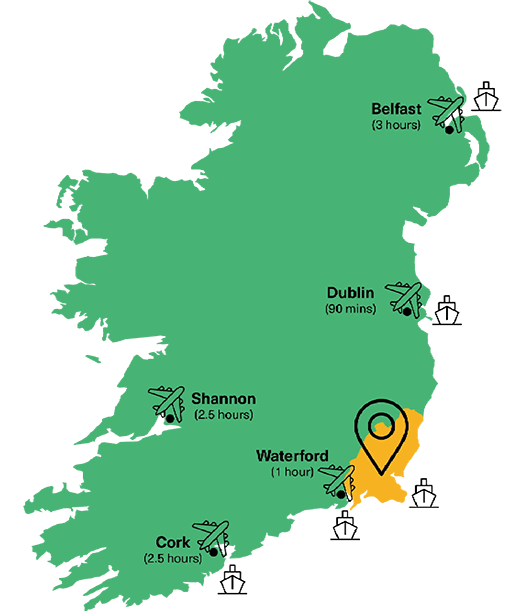 Green map of Ireland graphic with County Wexford highlighted in yellow. On the map are graphics of boats which denote ports and airports and their respective drive times to County Wexford. Waterford Port (1 hours) , Rosslare Europort and Port of Cork (2.5 hours), Belfast Port (3 hours) and Dublin Port (90 minutes) along with airplane graphics which denote Shannon Airport (2.5 hours), Dublin Airport, Waterford Airport, Belfast Airport and Cork Airport