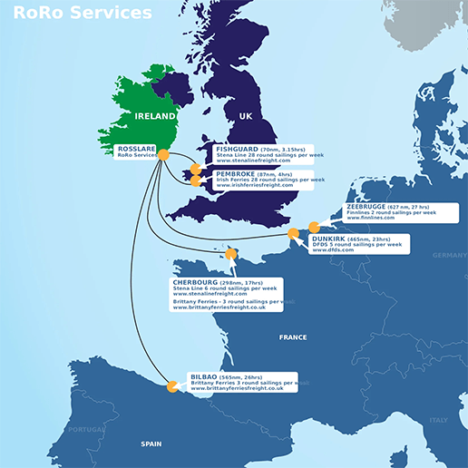 A map with all of the services that Rosslare operates to Europe with destinations like' Pembroke, Fishguard, Zeebrugge, Dunkirk, Cherbourg and Bilbao