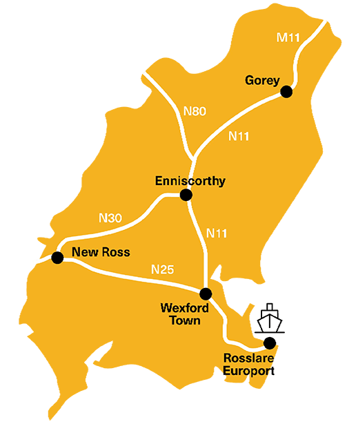 Yellow map of County Wexford pin-pointing the main towns and roads that connect the county with Rosslare Europort. On the graphic Gorey, Enniscorthy, New Ross and Wexford Town are listed along with the M11, N11, N80, N30 and N25 roads.