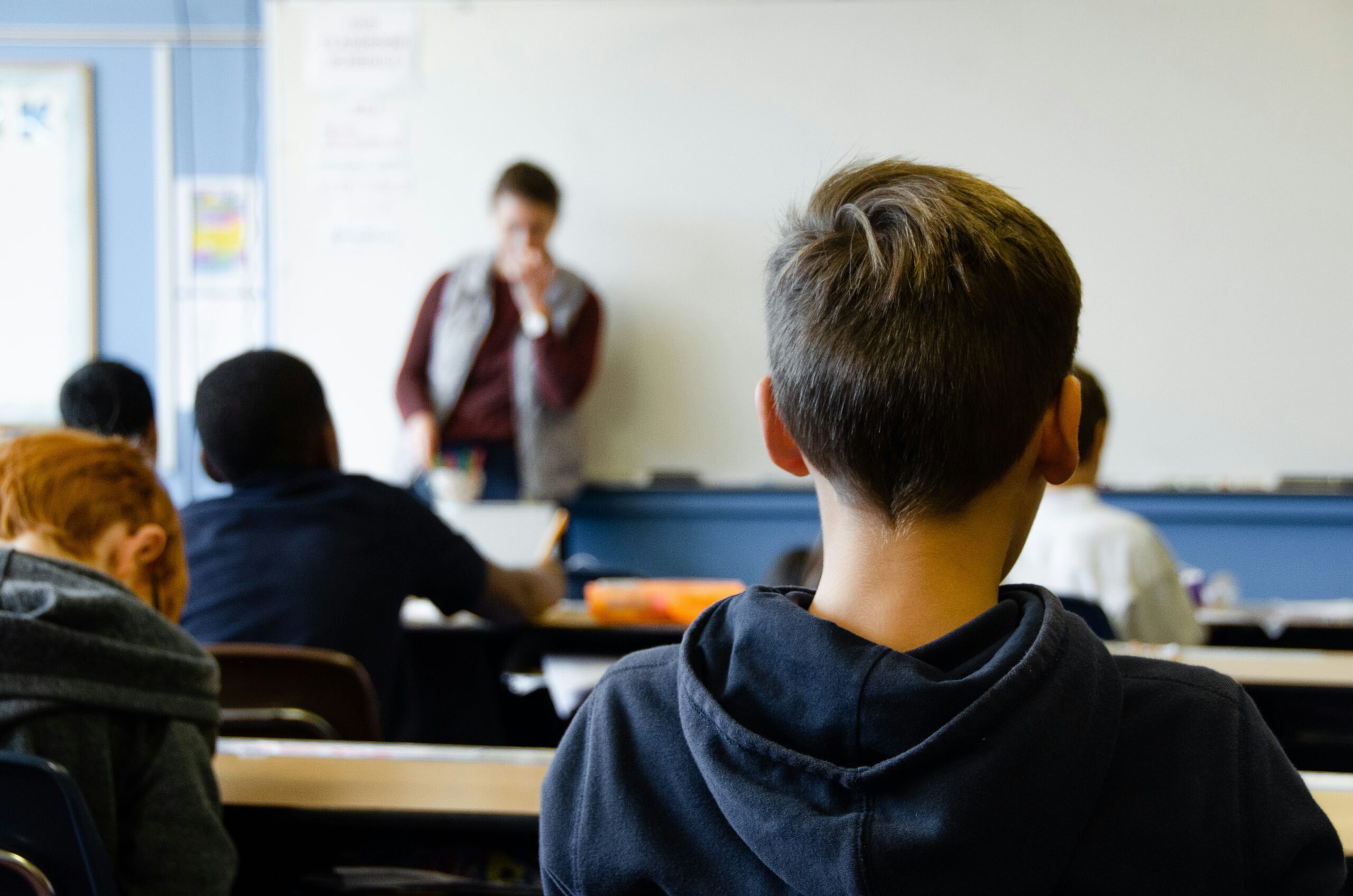 View of a classroom from the back, focus on the back of a students head and their teacher in front of a whiteboard